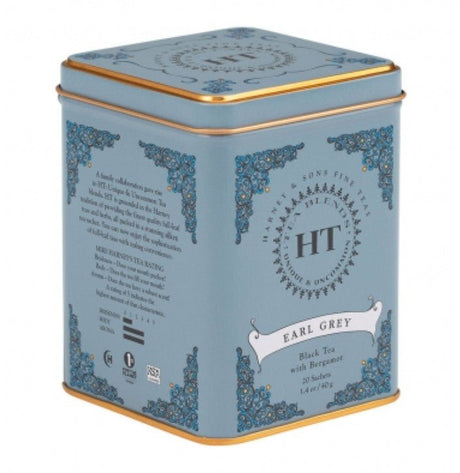 Harney & Sons Earl Grey Tea in a stylish tin with 20 pyramid sachets, featuring premium black tea and bergamot oil.