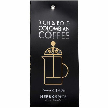 A bag of Herb & Spice Fine Foods Colombian Coffee, showcasing rich aroma for delightful brews and perfect for coffee enthusiasts.