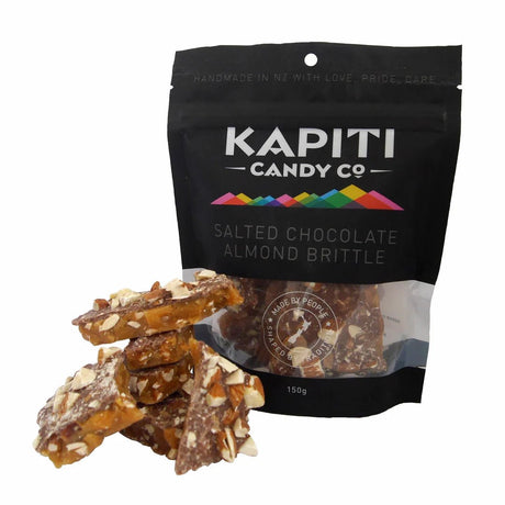 Kapiti Candy Salted Chocolate Almond Brittle: crunchy, salty-sweet treat in 150g, perfect for sharing or indulging.