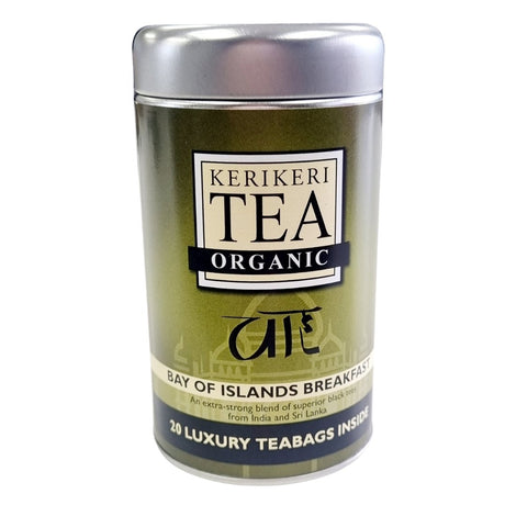 Kerikeri Organic Tea's Bay of Islands Breakfast Blend, a robust Fair Trade organic black tea for invigorating mornings.