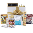 Festive Holiday Fun Gift Box filled with treats and games, including gummies, popcorn, chocolate, and classic card games.