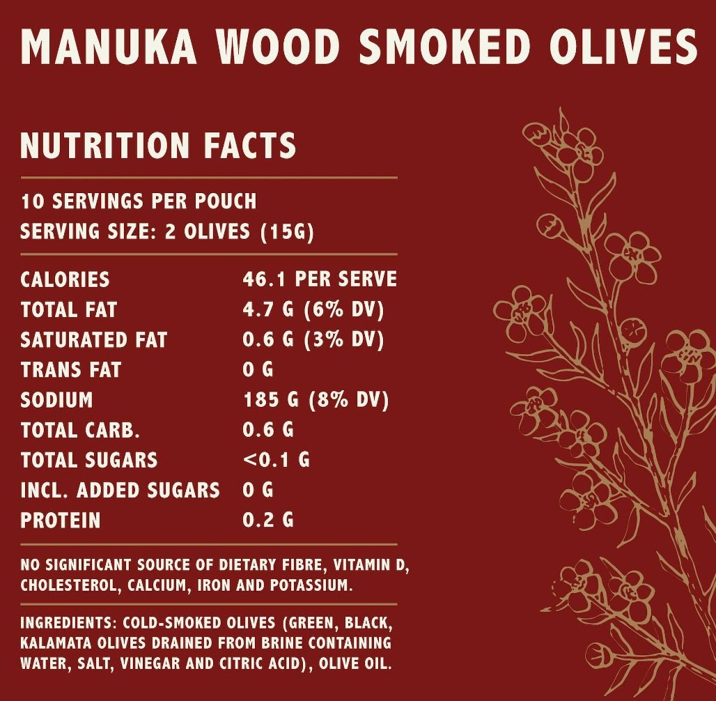 Kiwi Artisan Manuka Wood Smoked Olives in a 150g pack, featuring rich, smoky flavor from cold smoking with Manuka wood.