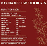 Kiwi Artisan Manuka Wood Smoked Olives in a 150g pack, featuring rich, smoky flavor from cold smoking with Manuka wood.