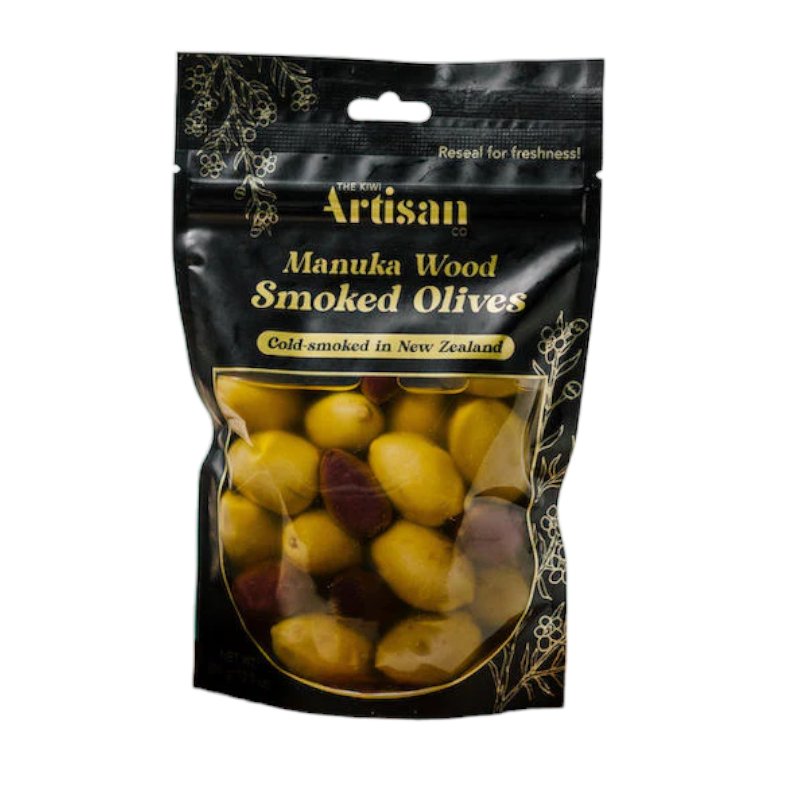 Kiwi Artisan Manuka Wood Smoked Olives in a 150g jar, showcasing cold-smoked olives with rich flavor and aroma.