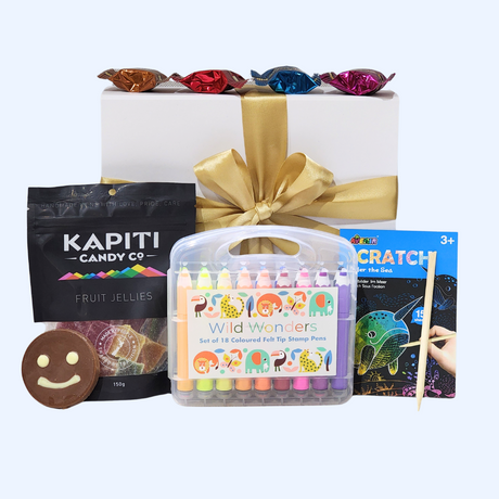 Vibrant Kids Crafts & Treats gift box featuring ocean scratch art, colorful felt-tip pens, and delicious sweet treats.