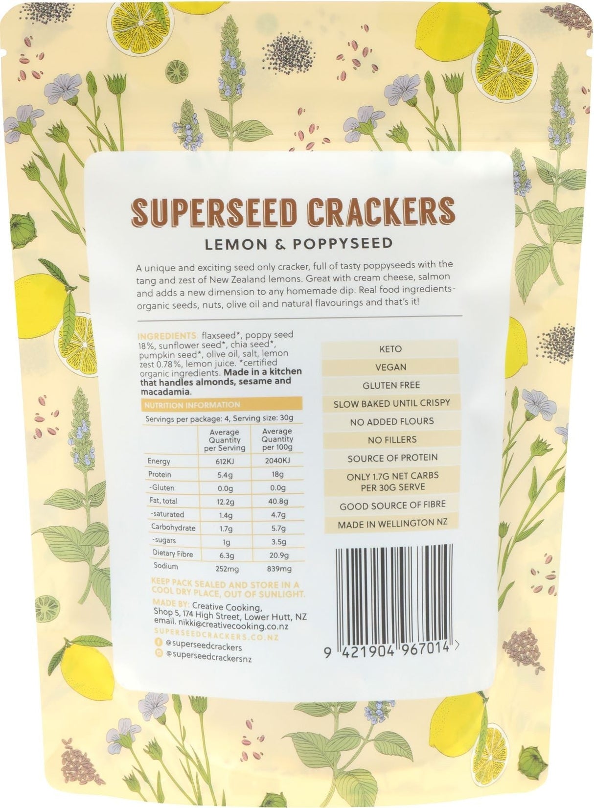 Vegan and gluten-free Lemon & Poppy Seed Superseed Crackers, packed with seeds and zesty lemon flavor for a healthy snack.