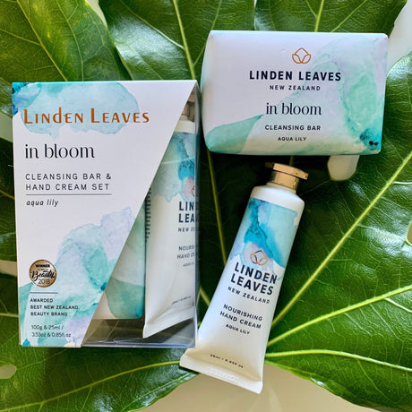 Linden Leaves Aqua Lily Hand Cream & Cleansing Bar Set, featuring palm oil-free bar and shea-infused cream for soft, hydrated hands.