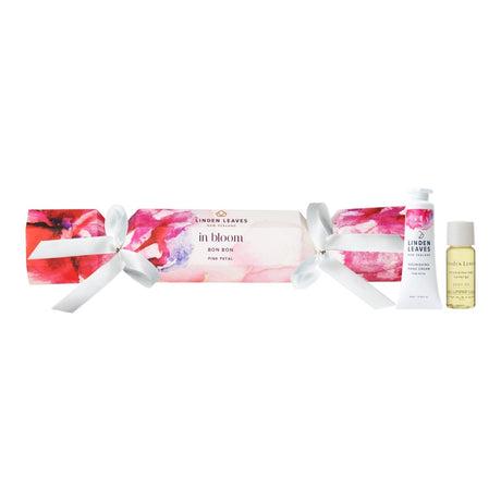 Linden Leaves Pink Petal Bonbon with hand cream and body oil, offering luxurious hydration and a delicate rose fragrance.