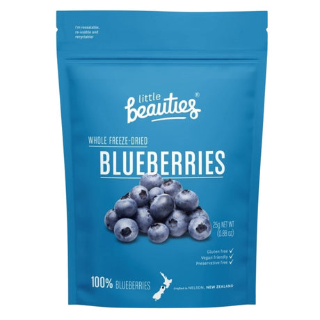 Freeze-dried blueberries in a 25g pack, vegan, gluten-free, and rich in nutrients from New Zealand. Perfect healthy snack!