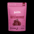 Crunchy freeze-dried boysenberries in a 20g pack, 100% fruit, gluten-free, sweet and nutritious snack option.