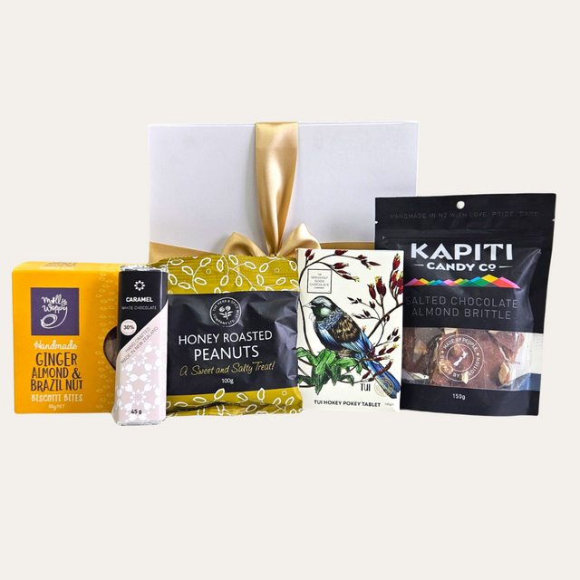 An elegant gift box with gourmet treats, including chocolates, biscotti, and honey-roasted peanuts for a delightful occasion.