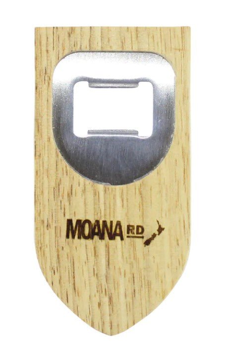 Moana Road Shield bottle opener features stylish wood design with dual magnets for cap collection and fridge storage.