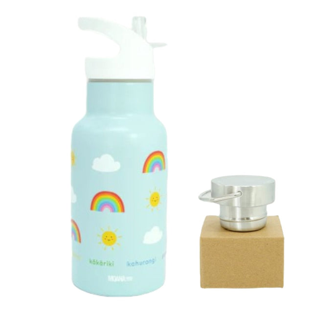 Vibrant rainbow-themed stainless steel kids drink bottle, 350ml with straw and handle lid for stylish hydration.