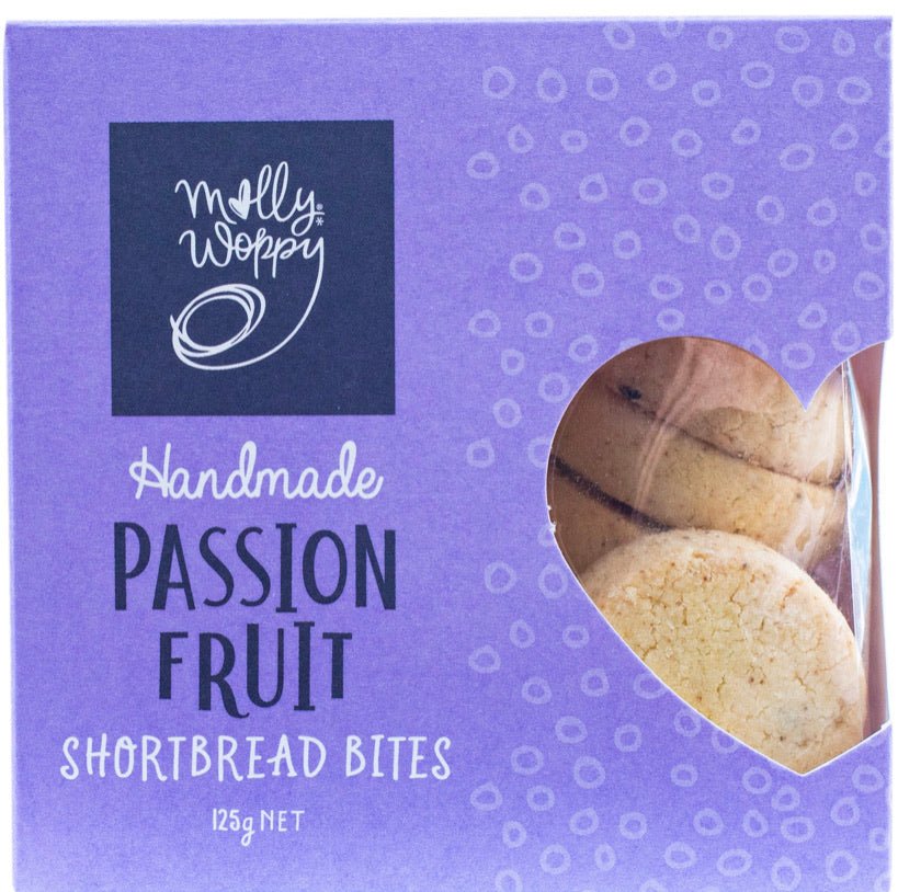 Handmade passionfruit shortbread bites made with NZ butter, offering a sweet tangy flavor in a perfect bite-sized treat.