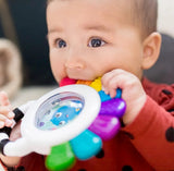 Vibrant Baby Einstein octopus rattle teether with textures, rattle beads, and bubble-pop feature for sensory play.