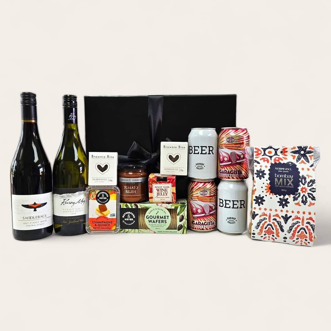 Elegant Father's Day gift box with craft beers, fine wines, and gourmet treats for a delightful surprise.