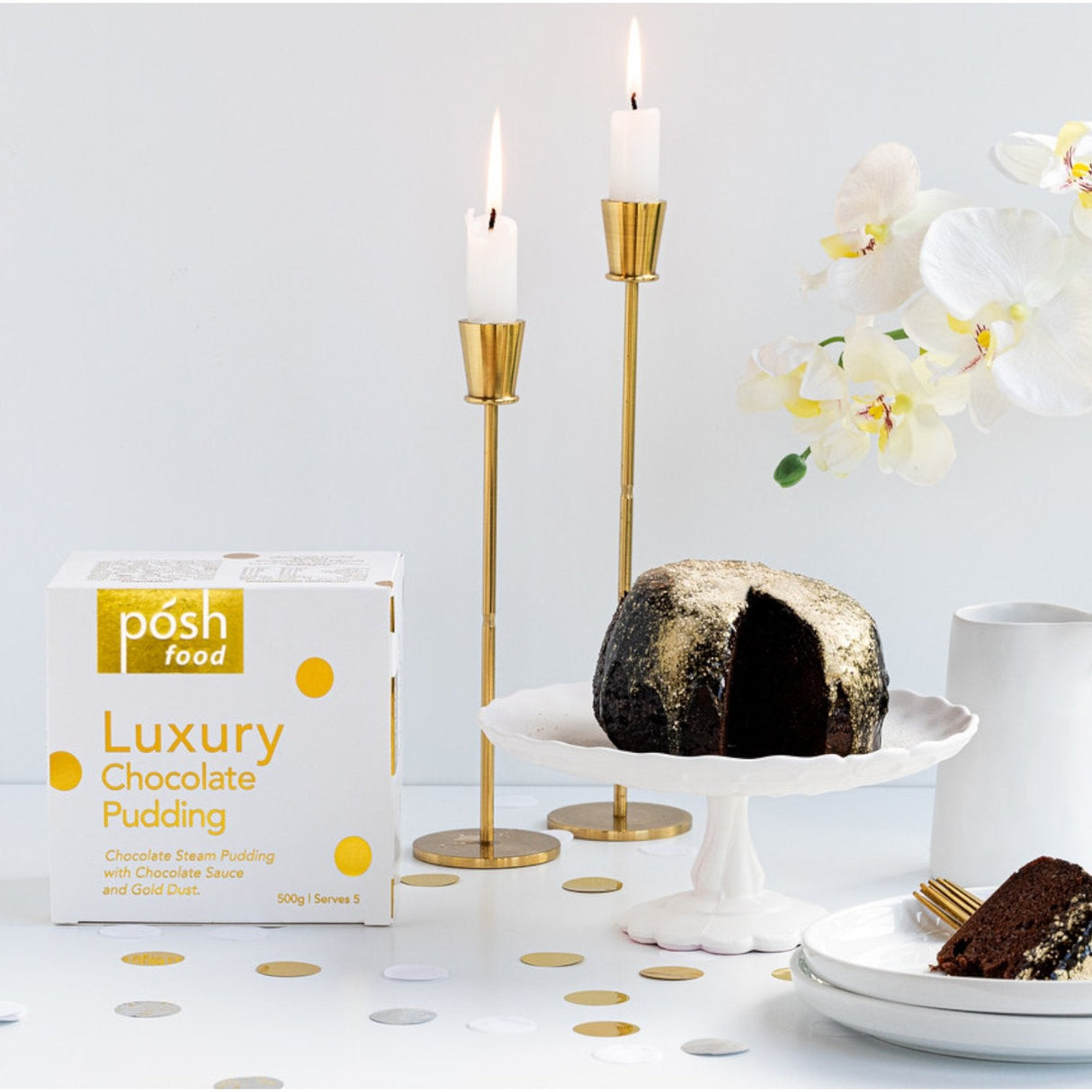 Posh Luxury Chocolate Steam Pudding with gold dust, rich chocolate sauce, perfect for special occasions or as a gift.