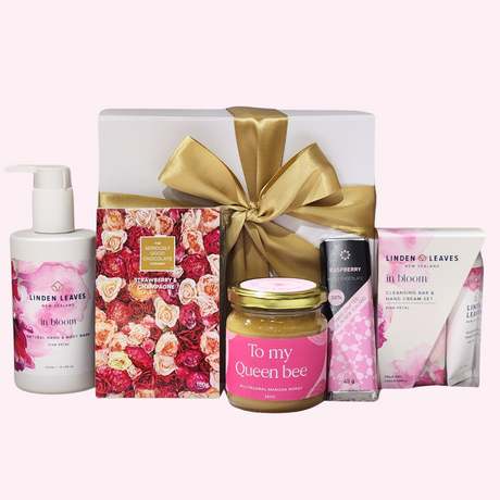 Luxurious 'To My Queen Bee' gift box featuring skincare, gourmet chocolates, and premium Manuka honey for a royal celebration.