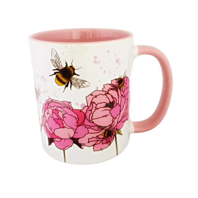 Ceramic mug featuring bees on peonies design, perfect for coffee or tea, made in New Zealand with 325ml capacity.