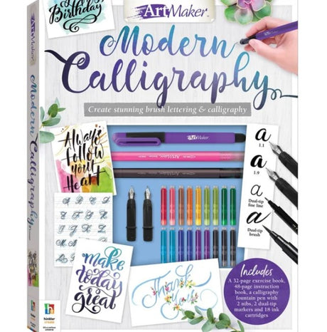 Modern Calligraphy Kit featuring tools and an instruction book for creating beautiful handwritten art.