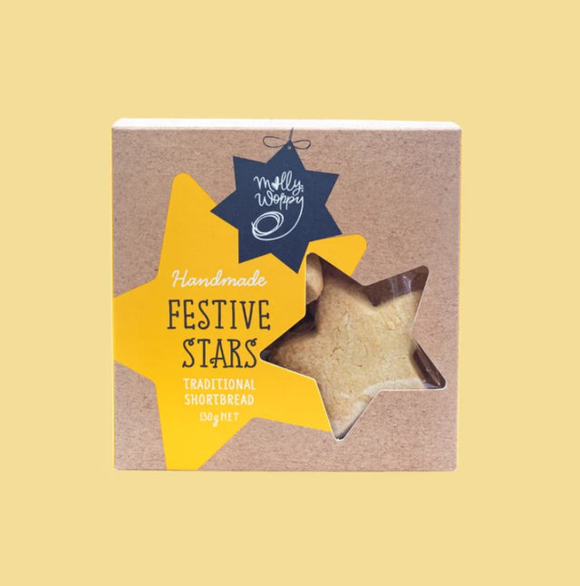 Molly Woppy Festive Shortbread Star Cookies, star-shaped treats with buttery texture, perfect for holiday gifting and sharing.