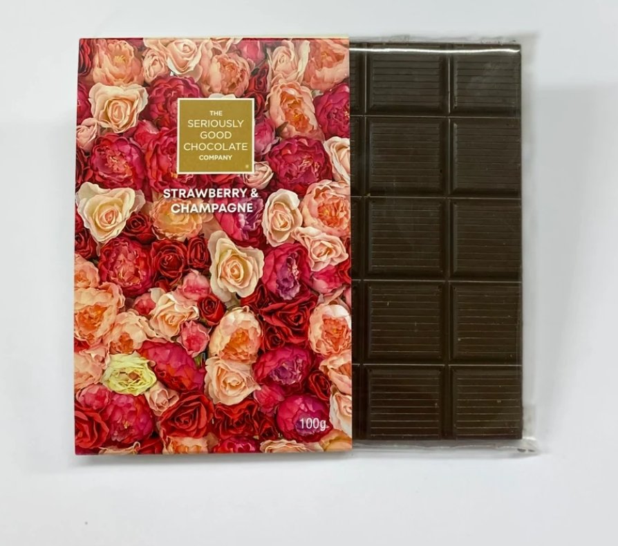 Indulgent 100g chocolate tablet featuring strawberry and champagne flavors, perfect for gifts or personal treats.