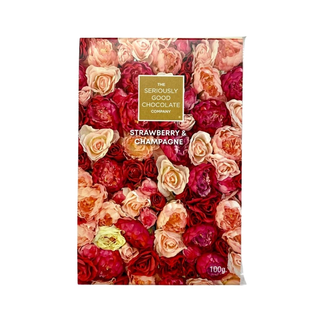 Strawberry and Champagne Chocolate Tablet with rich flavors, crafted in Southland, NZ, ideal for gifts or indulgent treats.