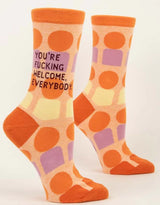 Sassy women's socks with "You're Fucking Welcome Everybody" design, made for comfort and style in sizes 5-10.