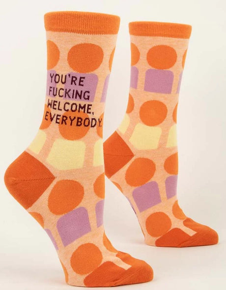 Sassy women's socks with "You're Fucking Welcome Everybody" design, made for comfort and style in sizes 5-10.