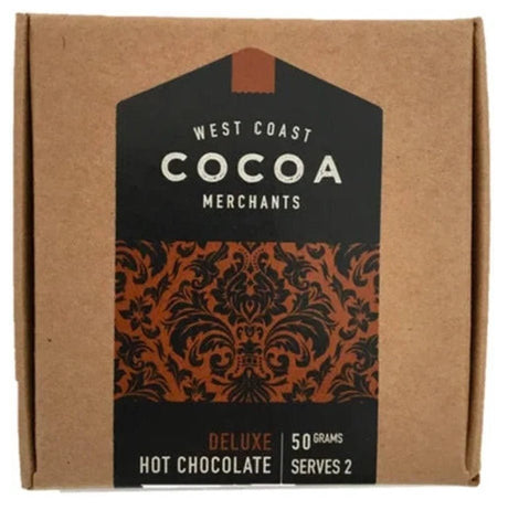 Rich West Coast Cocoa Deluxe Hot Chocolate mix featuring premium Dutched cocoa for a decadent, low-sugar treat.