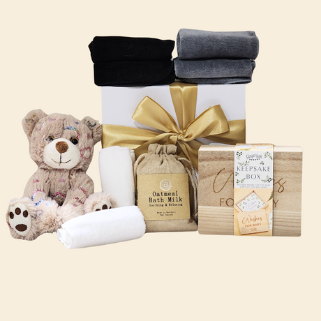 Elegant Baby Shower Wishes Gift Box with essentials and keepsakes for welcoming a newborn, featuring a plush toy and keepsake cards.